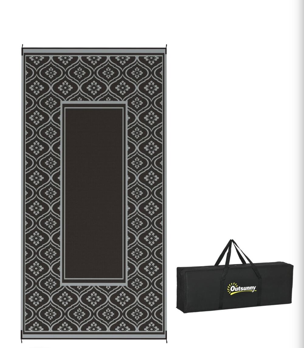 Outsunny Reversible Outdoor Patio Rug with Carry Bag – Black & Gray